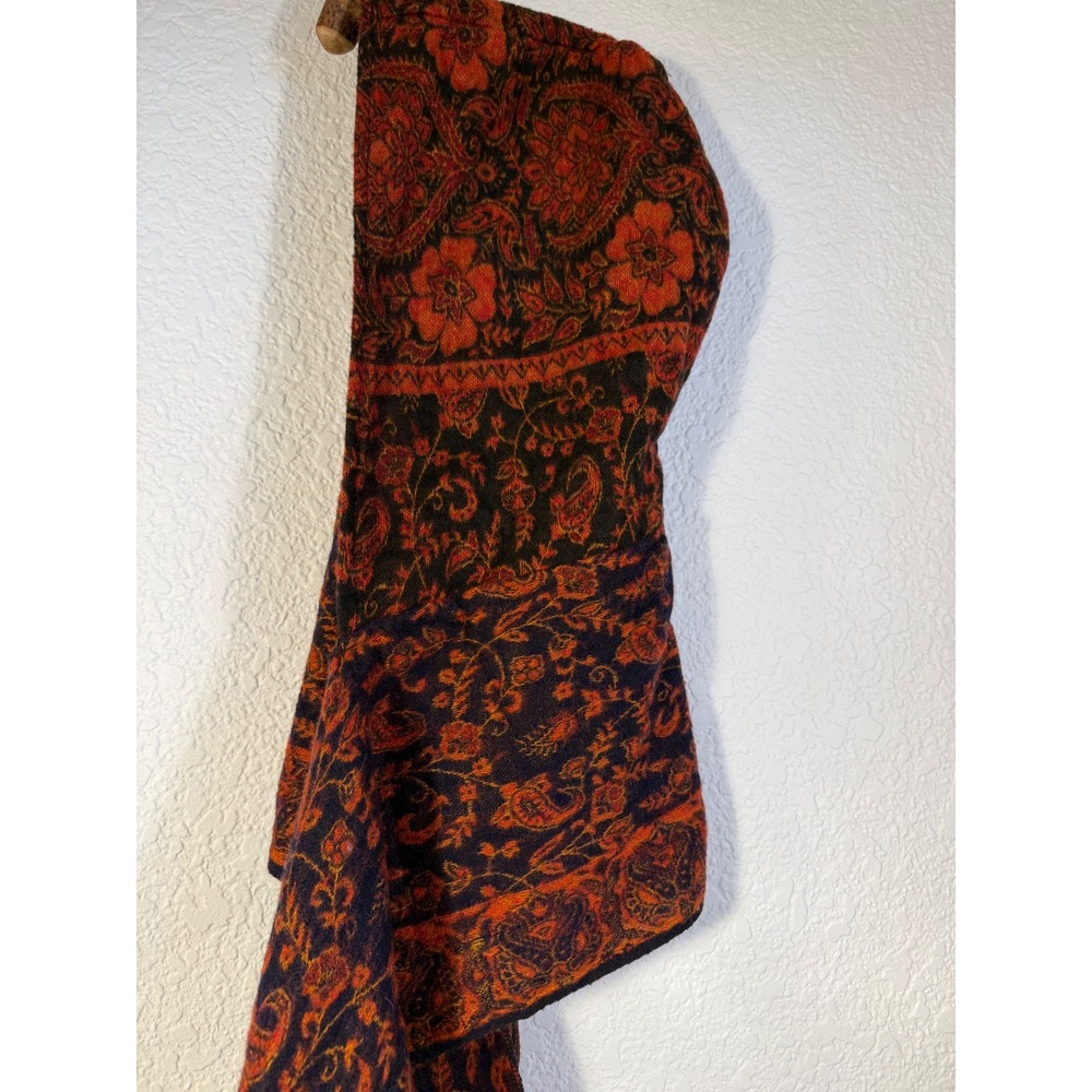 Boho Wool Blend Hooded Scarf Paisley Floral Orange Rust Black India 80 inch